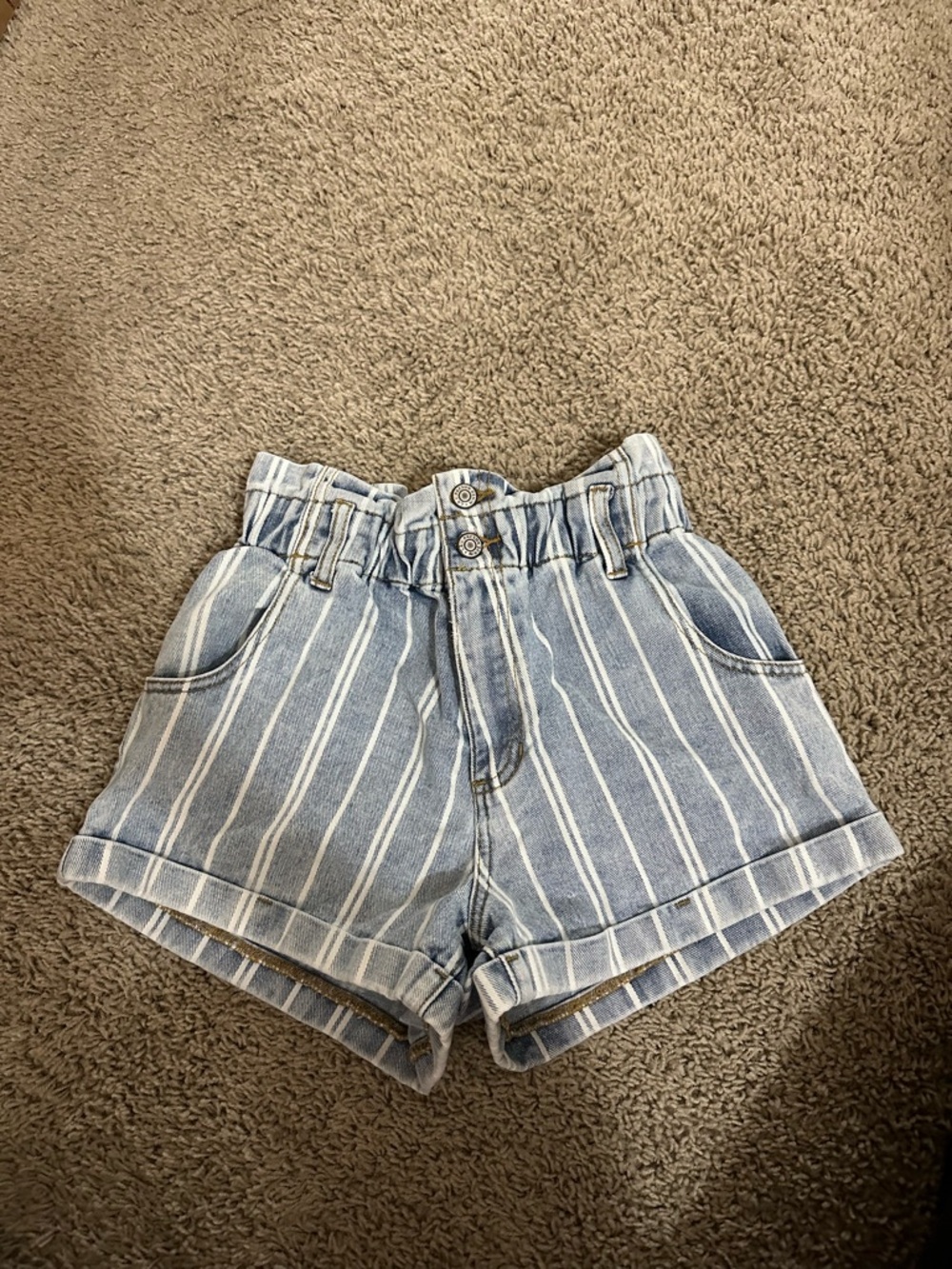 PacSun Blue and White Striped Paperbag Denim Shorts